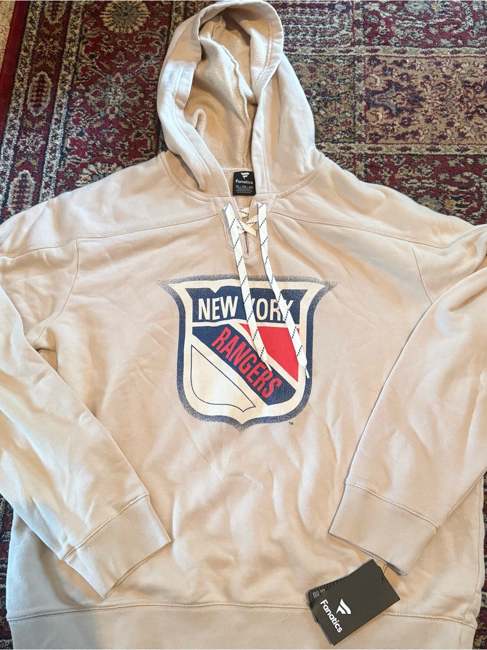 Fanatics New York Rangers Beige Lace-Up Hoodie with Crest